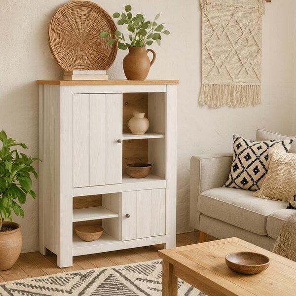 Wyld Haus Tipsyfern White and Natural Oak Wood 2 Door 4 Shelves Cabinet