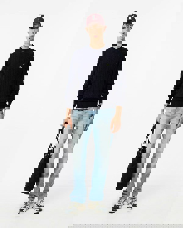 Lacoste Carded Wool Cable Knit Crew Neck Mens Sweater - Navy Blue 166