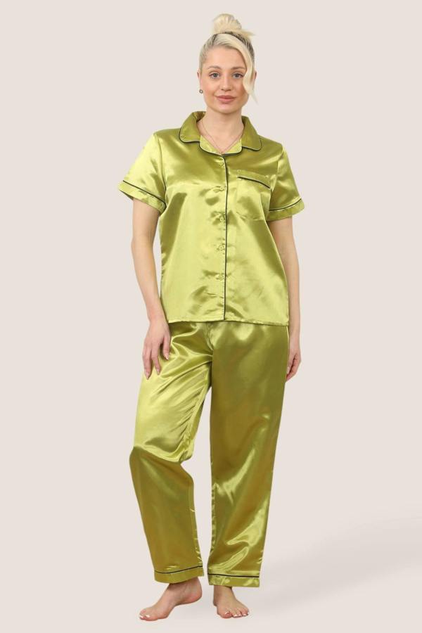 Luxe Satin Short Sleeve PJ Set – GOLDEN GREEN