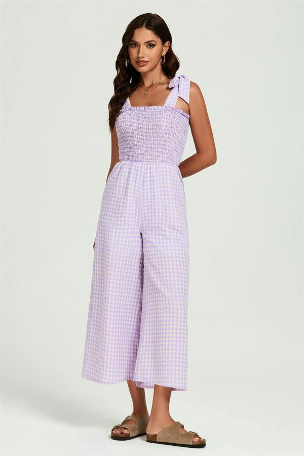 FS Collection Check Print Tie Detail Jumpsuit In Purple & Pink