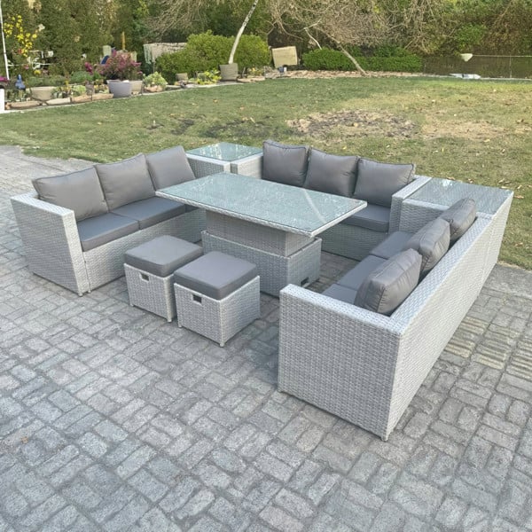 Fimous U-Shape 11 Seater Rattan Garden Sofa Dining Set with Adjustable Rising Table & Coffee Tables