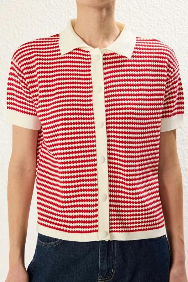 Hoxton Gal Striped Polo Neck Knit Mid-Length Blouse