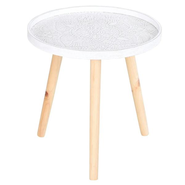 White round coffee table with carved floral tray-style top and wooden tapered legs