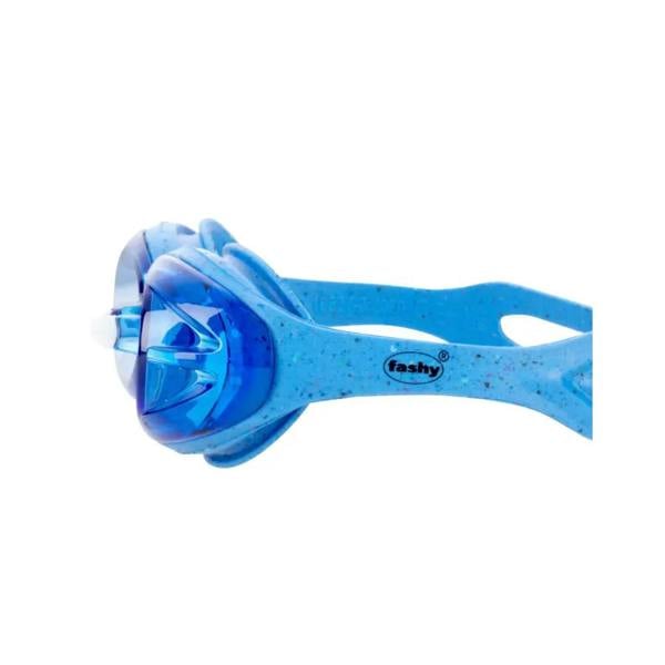 Fashy Power adult swim goggles with blue speckles, clear lenses, and silicone head strap
