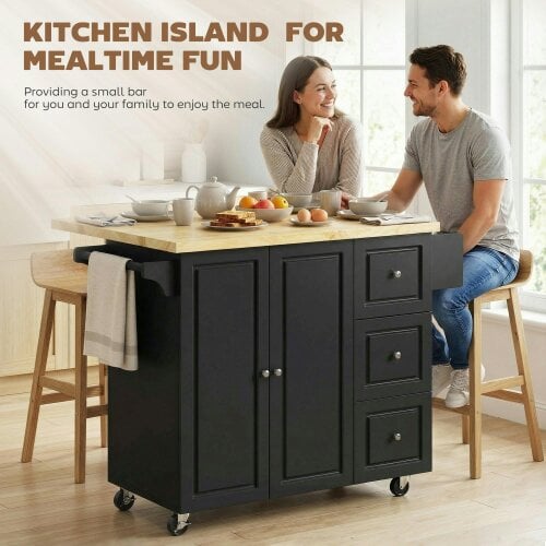 Wyld Haus Rolelo Wooden Black Rolling Kitchen Island With Drop Leaf Drawer Towel And Spice Racks