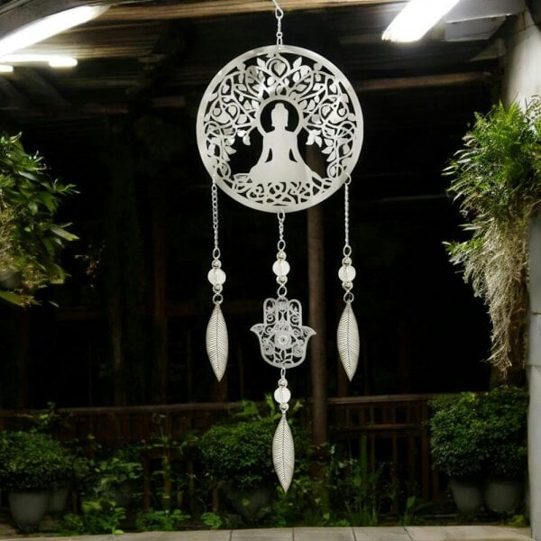 EDH Door Hardware Buddha Stainless Steel Hanging Dreamcatcher – 59cm x 18cm | Spiritual Wind Spinner for Indoor & Outdoor Use | Zen Garden, Meditation