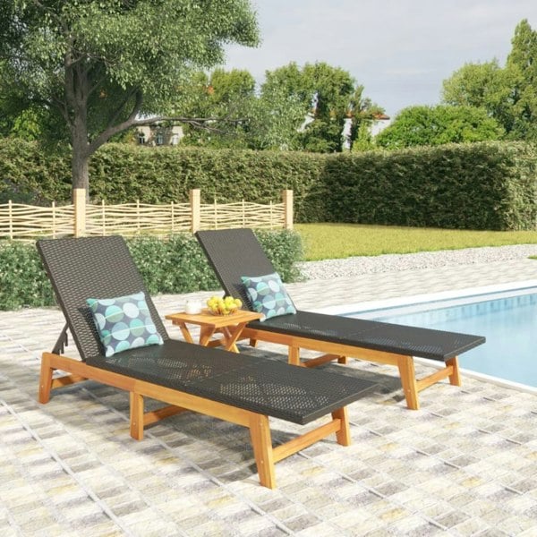 Berkfield Sun Loungers 2 pcs Black and Brown Poly Rattan&Solid Wood Acacia