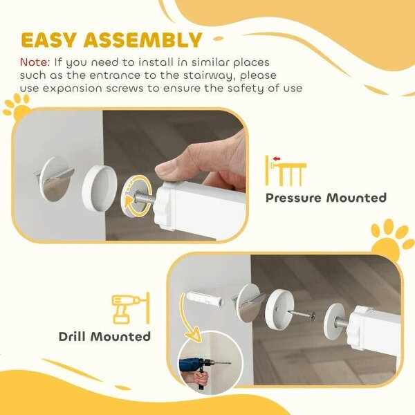Adjustable Pet Gate with Cat Door, Pressure Fit Barrier for Doorway and Hallway, 75-85 cm, White