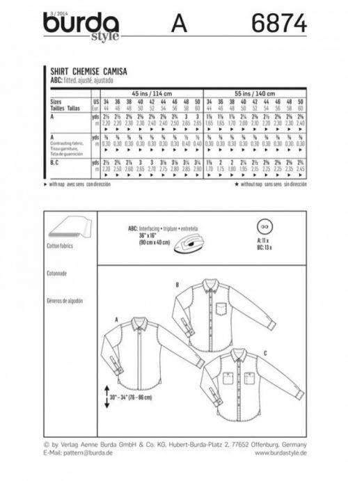 Burda Sewing Pattern 6874 Shirts For Men, 34-36-38-40-42-44-46-48-50 - Intermediate