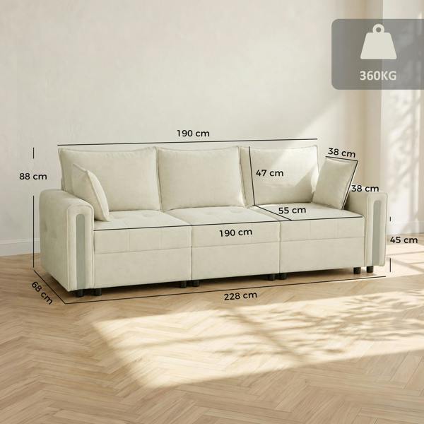 HOMCOM  3 Seater Sofa with Lift-Up Storage, 228 cm Velvet Couch, Beige