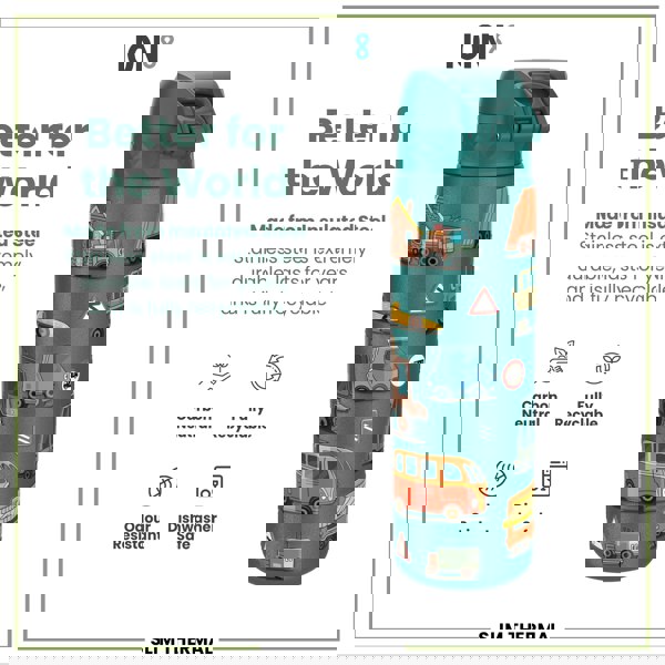 A teal insulated steel water bottle, featuring a cartoon vehicle print, sits against a white background; it's described as carbon neutral, fully recyclable, odour resistant, and dishwasher safe. Better for the World. ION8. SLIM THERMAL.