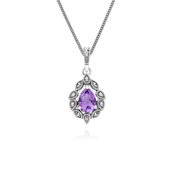 Gemondo Art Deco Style Pear Amethyst & Marcasite Pendant Necklace in Sterling Silver
