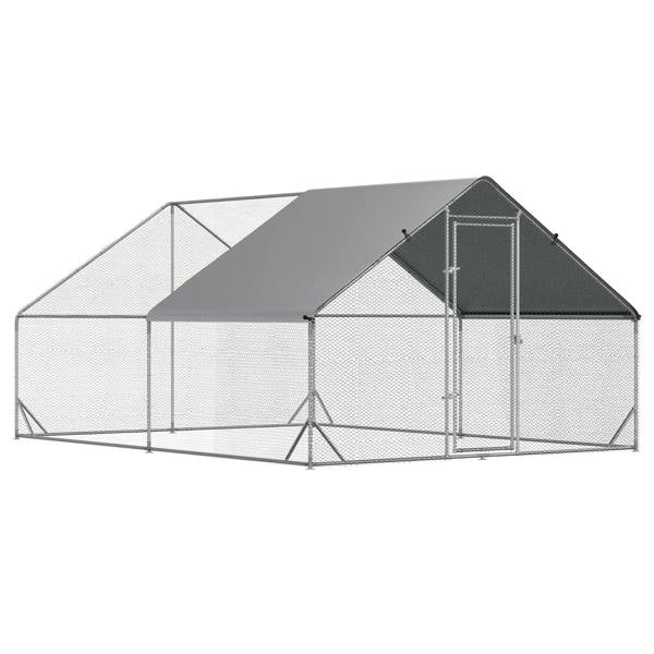 Galvanized wire chicken coop with dark roof and enclosed run, slanted awning