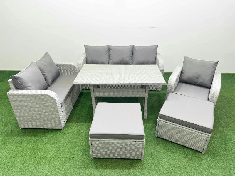 Fimous 8 Seater PE Wicker Rattan Garden Furniture Patio Set, Dining Table, Reclining Chair, Loveseat, 3 Seater Sofa, 2 Big Footstools, Light Grey