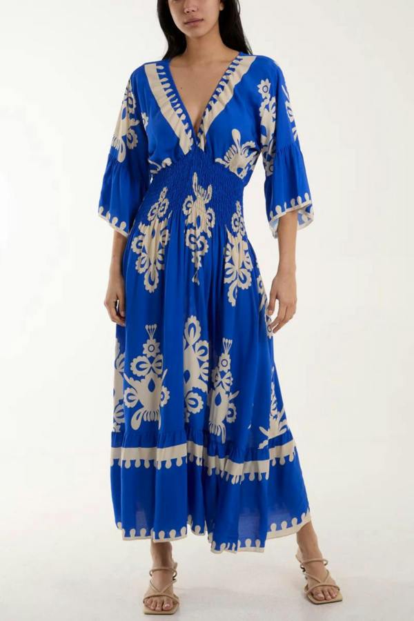 Hoxton Gal Relaxed Fit 3/4 Sleeves V Neck Printed Maxi Dress in Royal Blue