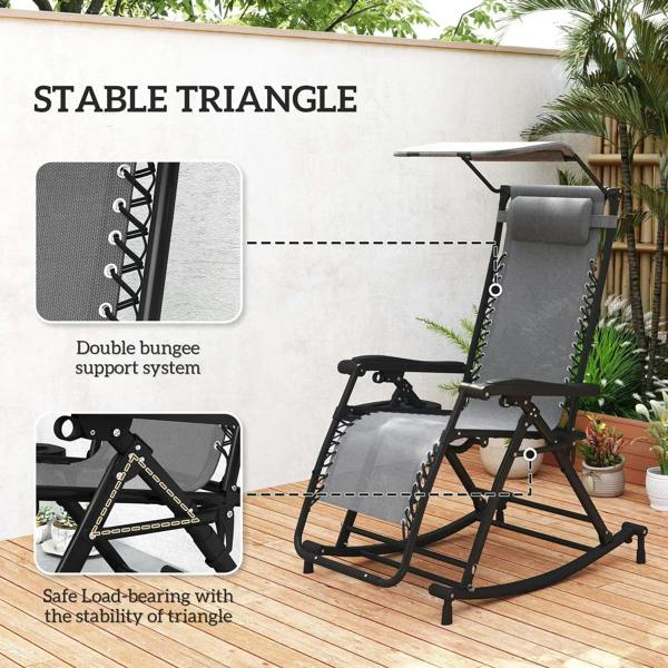 Grey outdoor rocking recliner chair with double bungee support and stable frame