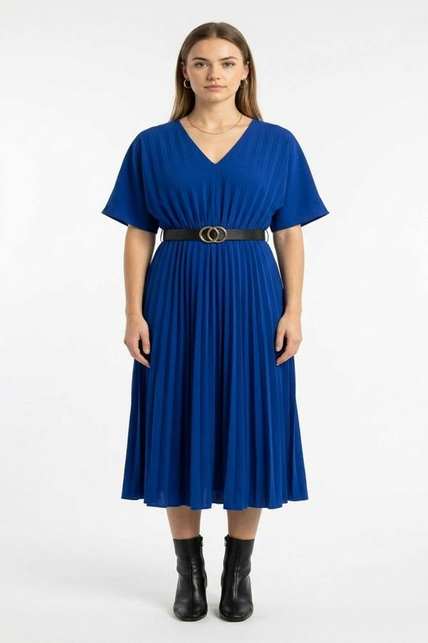 Elidi Short Sleeve Pleated Midi Dress With Waist Belt - Royal