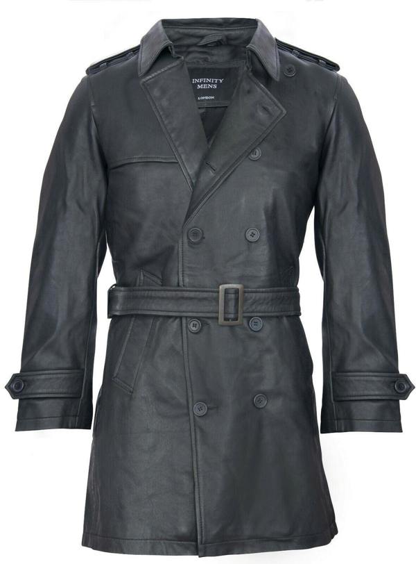 Infinity Leather Mens Black Leather Trench Coat-Memphis