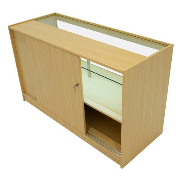 Maple Selene LED shop counter set with sliding glass doors, showcasing a sleek design and spacious interior for display storage