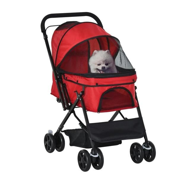 Red foldable pet stroller with mesh canopy, storage basket, and 4 wheel design.
