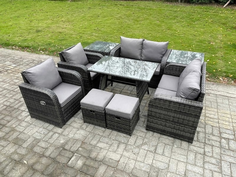 Fimous 8 Seater Dark Grey Mixed PE Wicker Rattan Outdoor Dining Set - Rectangular Dining Table, 2 Side Tables & 2 Footstools