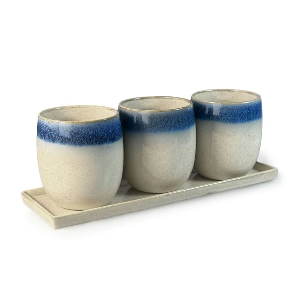 Set of 3 blue and cream reactive glaze ceramic planters with matching tray – Scandi style indoor plant pots for modern home décor