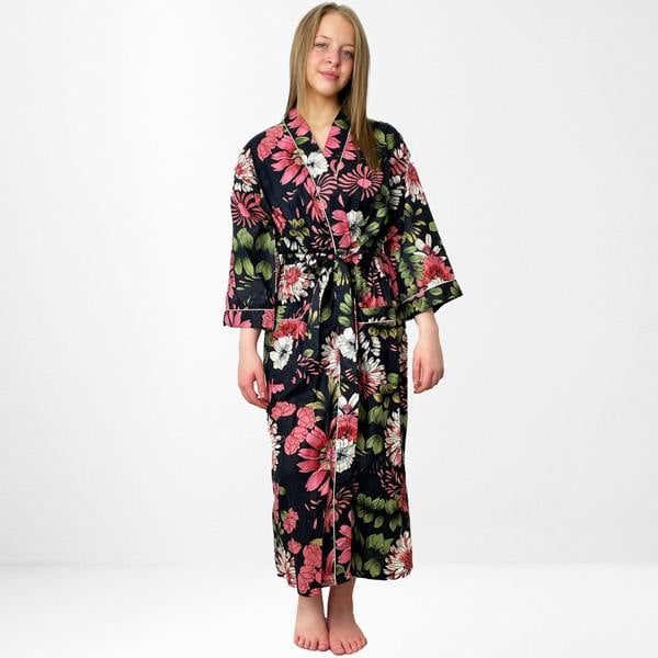 Hayley & Co Black and Pink Flower Print 100% Cotton Dressing Gown