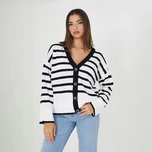 Brave Soul Ivory V-Neck Striped Cardigan - Ivory Image 1