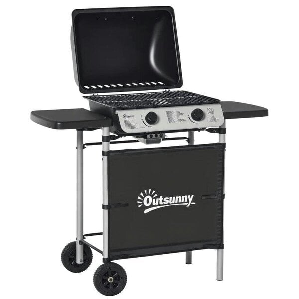 Bobobiy 2 Burner Gas BBQ Trolley with Lid, 5.6 kW Gas Barbecue Grill with Wheels, Side Shelves for Home Patio Garden Party Outdoor Cooking, Black