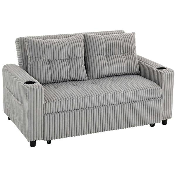 Light grey corduroy 2-seater click-clack sofa bed with pull-out design, raised armrests