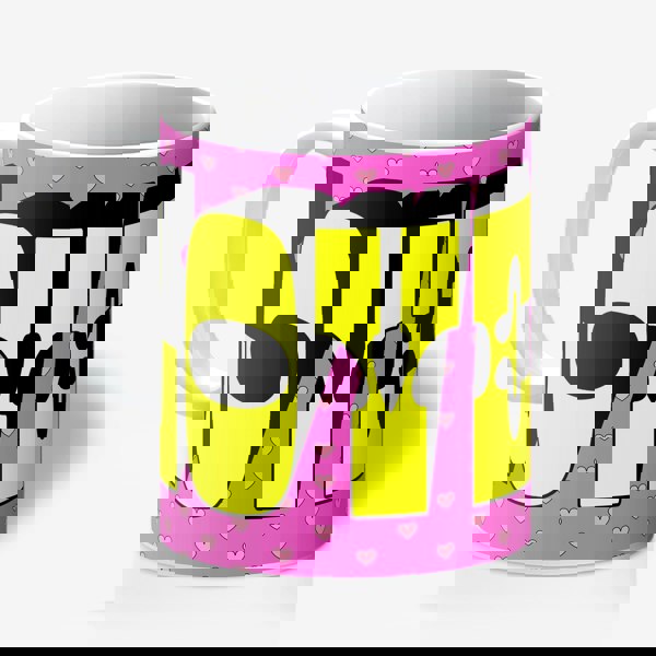 Love Me! Pink and Orange Typography mug. Designed by Love Frankie and printed in the UK.