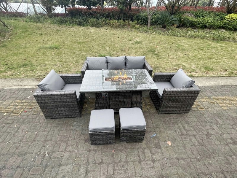 Fimous Outdoor PE Rattan Garden Furniture Gas Fire Pit Dining Table Lounge Sofa 2 PC Armchairs 2 PC Footstools Dark Grey Mixed Patio
