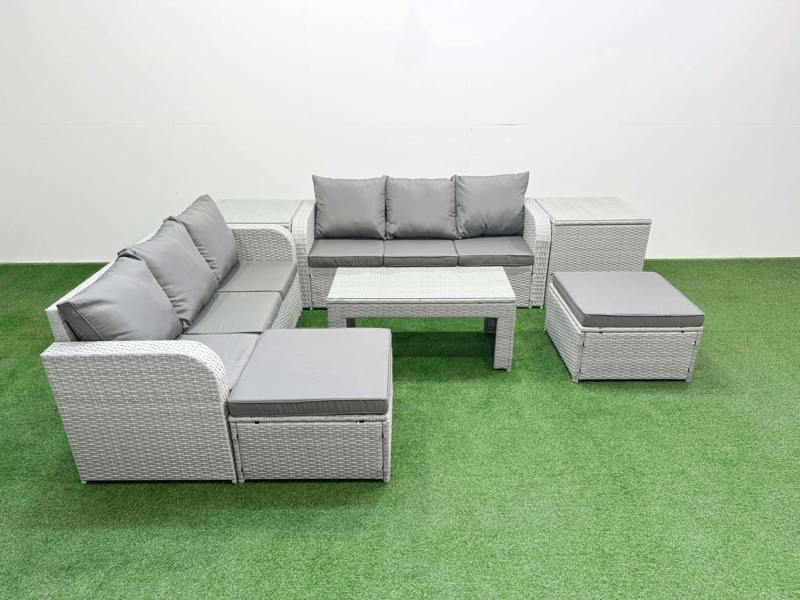 Fimous 8 Seater Garden Furniture Set, Wicker Lounge Sofa, Coffee Table, 2 Big Footstools and 2 Side Tables, Light Grey