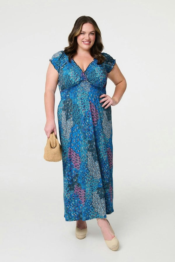 Blue | Peacock Print V-Neck Maxi Dress : Model is 5'8"/172 cm and wears UK18/EU46/US14/AUS18