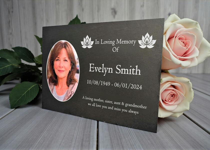 Memorials Direct Photo Slate Memorial Plaque, Lotus, Add a Portrait & Personalised Text | 35×25cm (14×10”)
