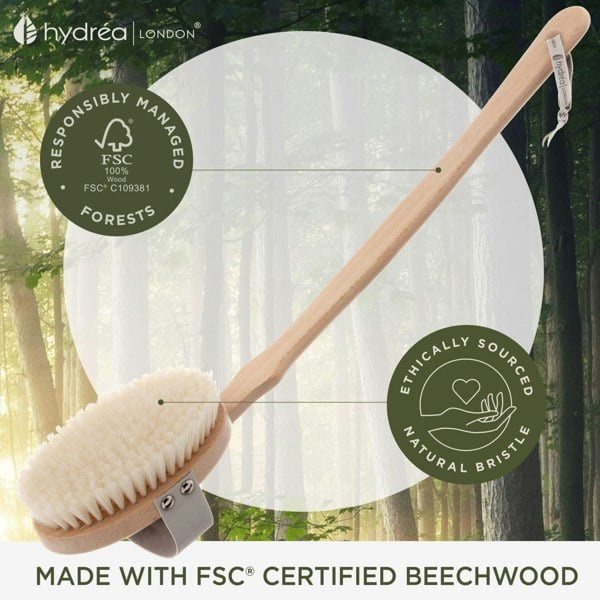 Hydréa London Professional Wet & Dry Body Brush with Long Detachable Curved Handle Natural Bristle & FSC® Certified Beechwood