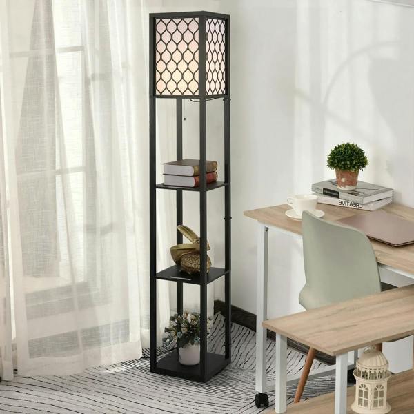 Black standing shelf lamp with lattice lampshade and 4 open shelving tiers