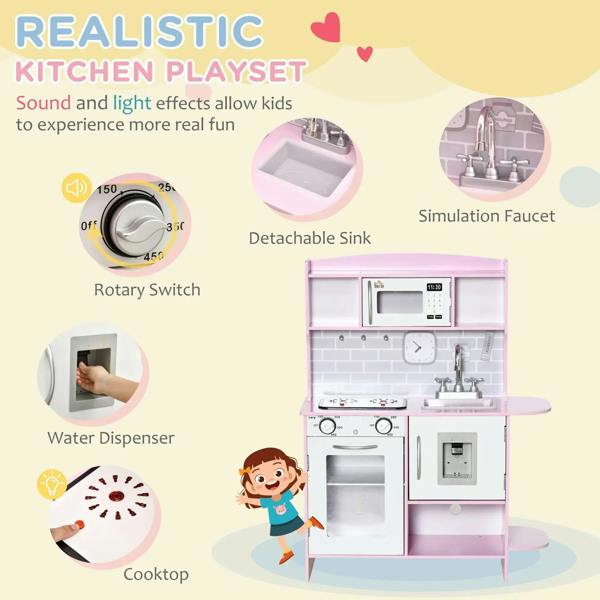 Pink kids kitchen playset with microwave, detachable sink faucet, and cooktop on open unit
