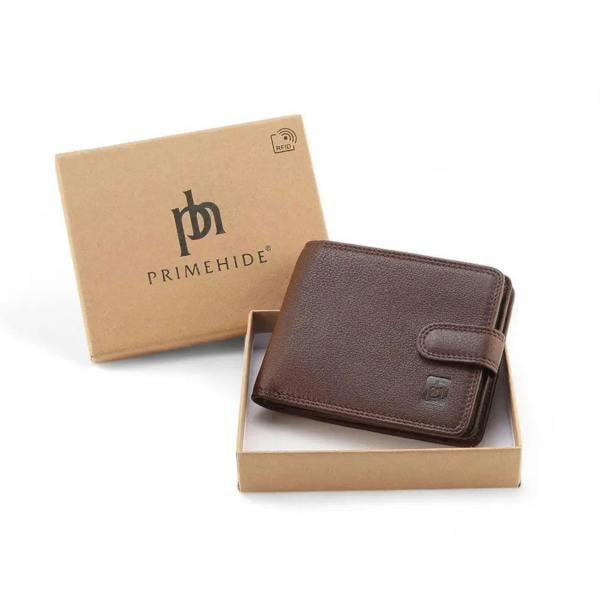 Brown leather wallet in a Primehide branded box on a white background