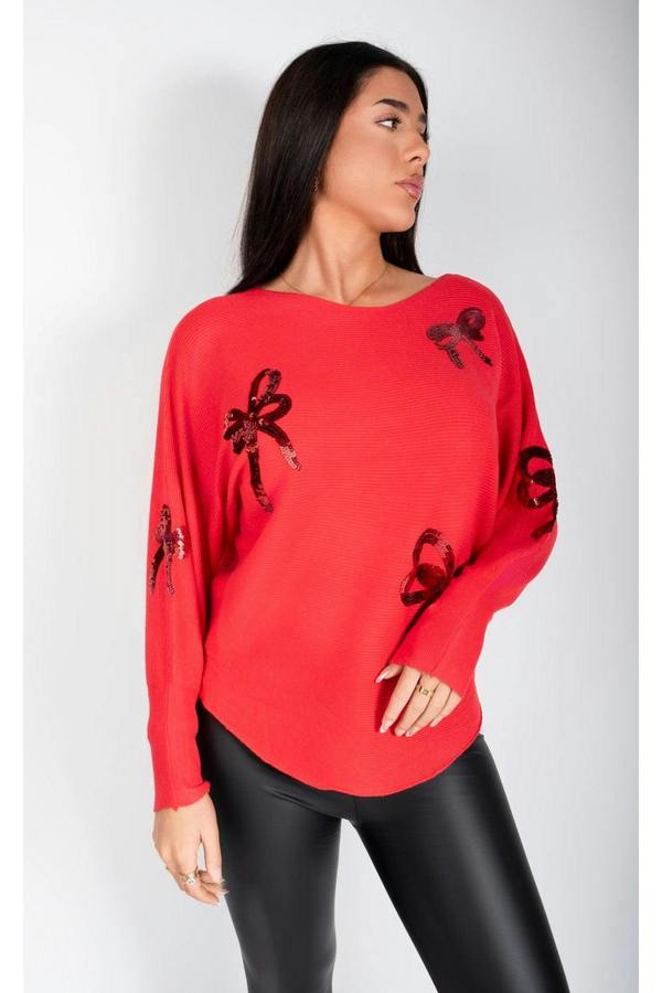 Marivelle Knitted Jumper With Sequin Bow Detail - Red