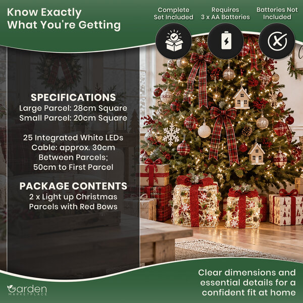 Set of 2 Light-Up White Rattan Christmas Parcels with Red Bows, 25 White LED Lights, Battery Powered Festive Decoration