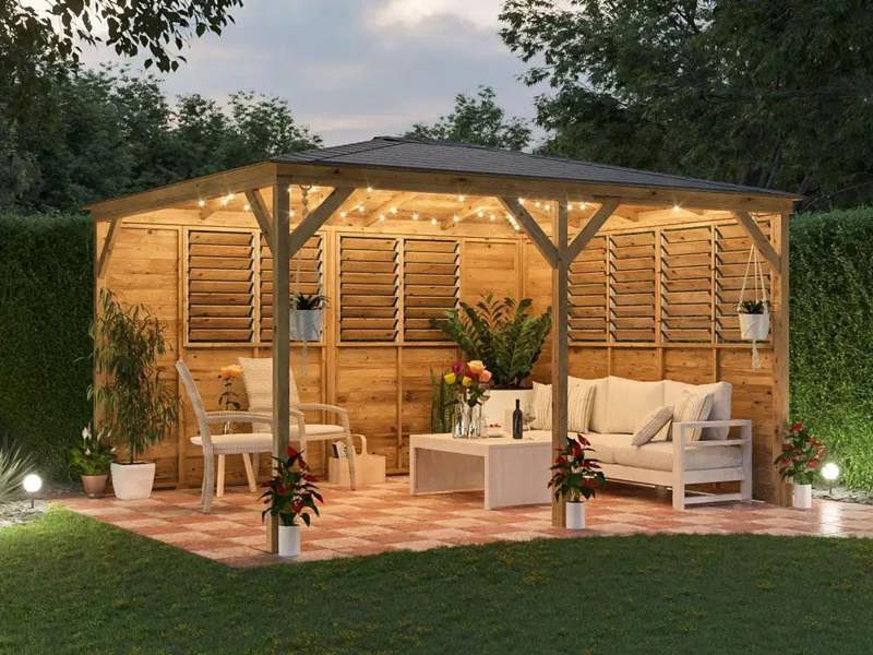 Dunster House Wooden Gazebo Louvre Wall 4m x 3m Garden Shelter Roof Shingles Utopia