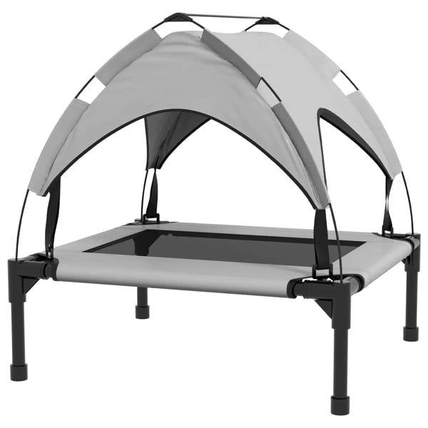 Cooling raised pet bed with light grey canopy panels and black support frame