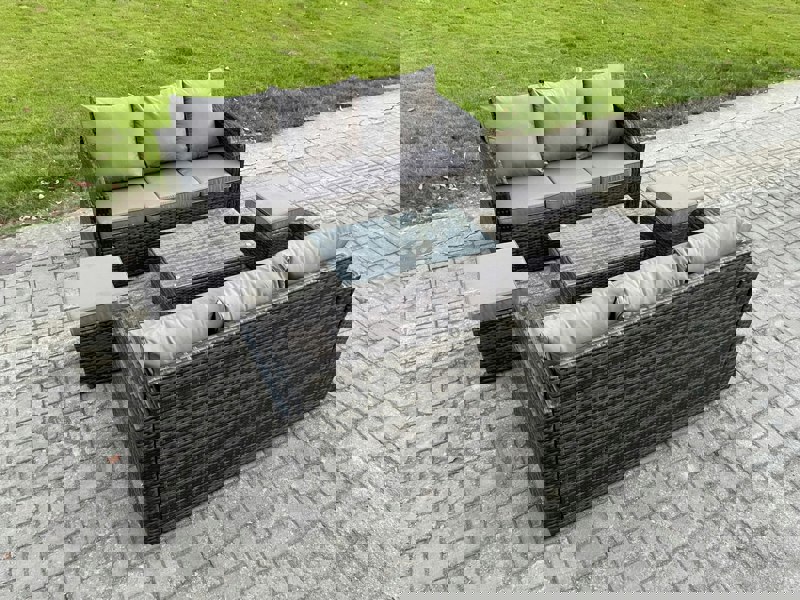 Fimous 8 Seater Dark Grey Mixed Rattan Outdoor Sofa Set - Rectangular Coffee Table, 3-Seater Sofa & 2 Footstools