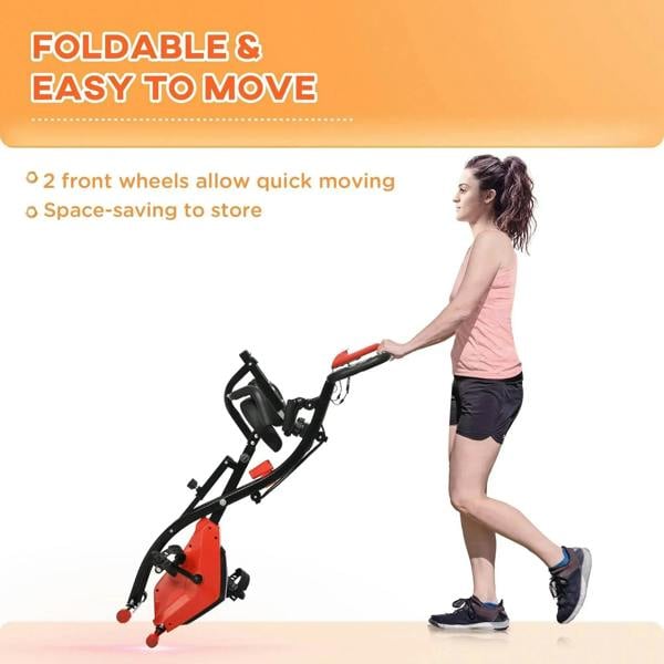Foldable exercise bike in compact position with front wheels, black frame and wine red base