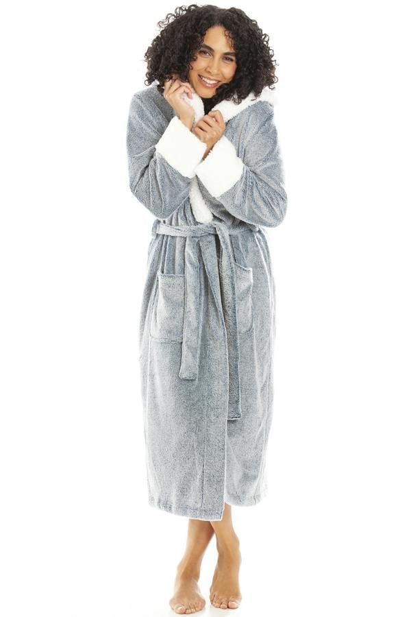 Camille Womens Jade Deep Pile Full Length Fleece Bathrobe with Sherpa Lined Hood & Cuffs