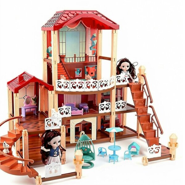 deAO Toys Dream Dolls House Playset for Kids 3-Story Castle Dollhouse 2 Dolls Toy Figures 14 PCs Furniture Accessories Multiple Assembly Toy Gift