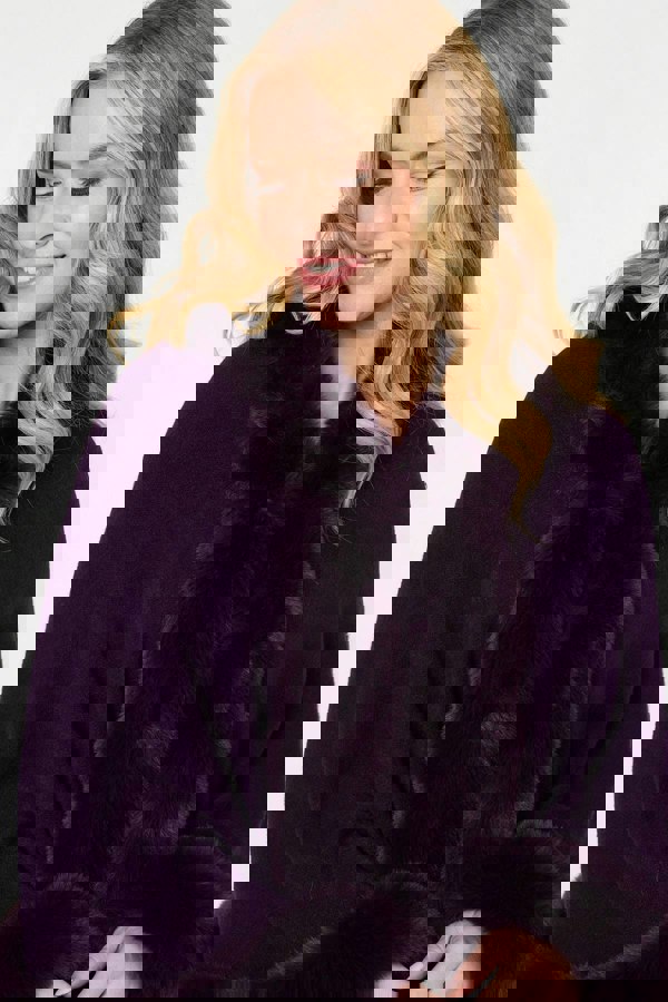 Purple | Faux Fur Trim Batwing Poncho
