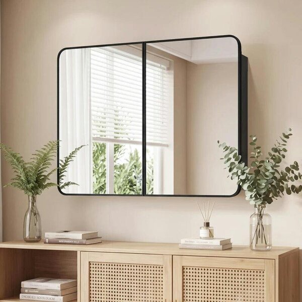 76.2 x 11.6 x 61 cm Bathroom Mirror Cabinet, Wall Cabinet with Adjustable Shelves, Wall-Mounted or Recessed, Black