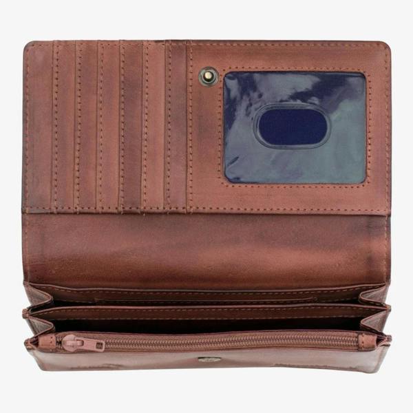 Inside view of Brown leather purse with a card holder on a white background